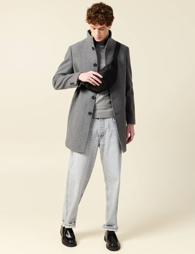 Manteau droit long col montant gris fonc&eacute; homme
