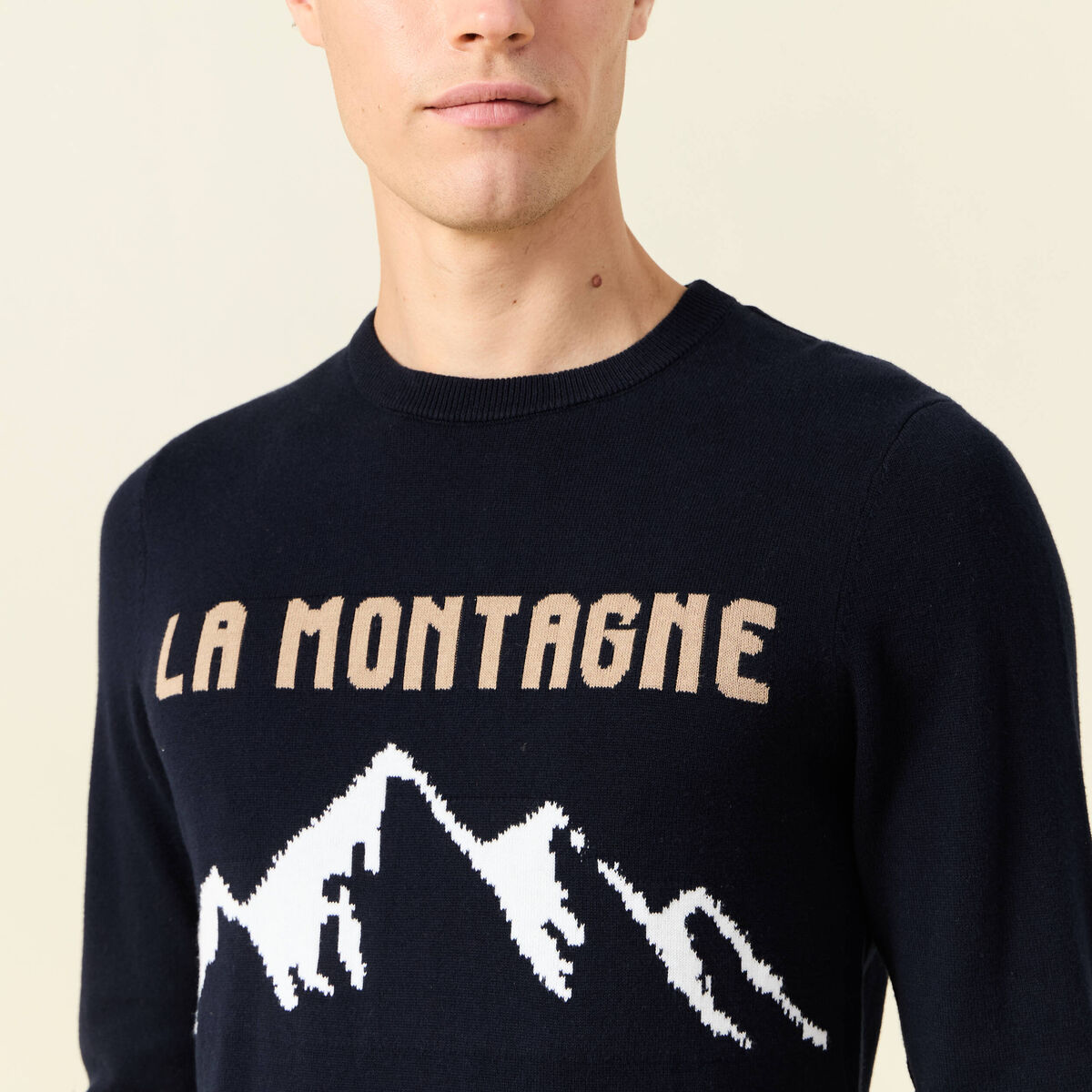 Pull col rond manches longues en coton bleu fonc&eacute; homme