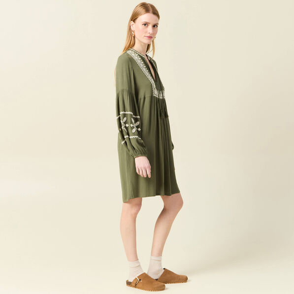 Robe brodée éco-responsable vert kaki femme
