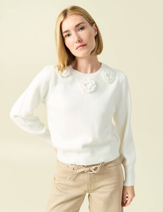 Pull manches longues col rond ecru femme