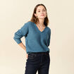 Pull manches longues col en V bleu gris femme