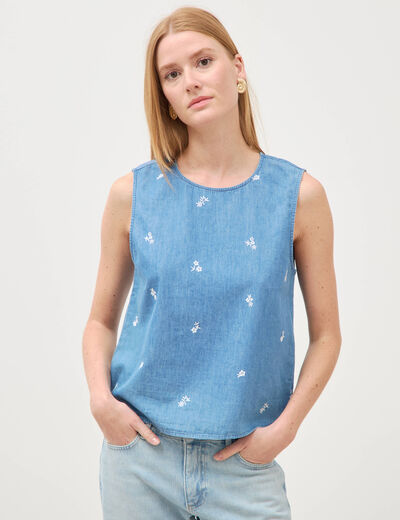 Top en jeans sans manches col rond bleu clair femme