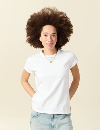 T-shirt cintr&eacute; col rond manches courtes blanc femme