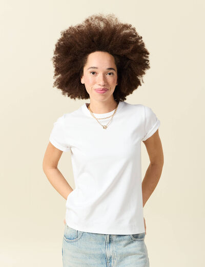 T-shirt cintr&eacute; col rond manches courtes blanc femme
