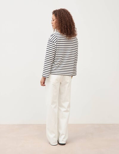Pull droit manches longues broderie ecru femme