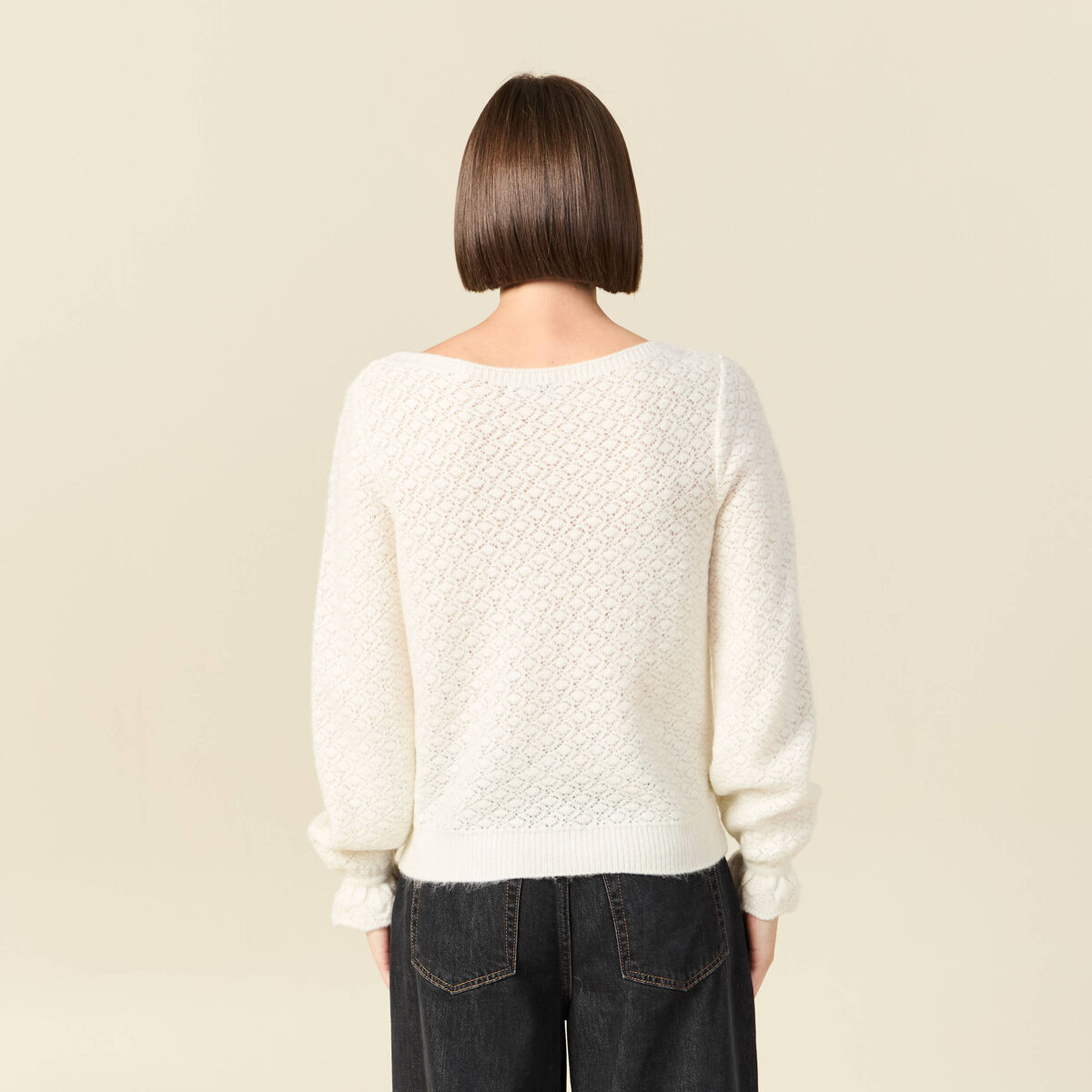 Pull ajour&eacute; col bateau manches longues ecru femme