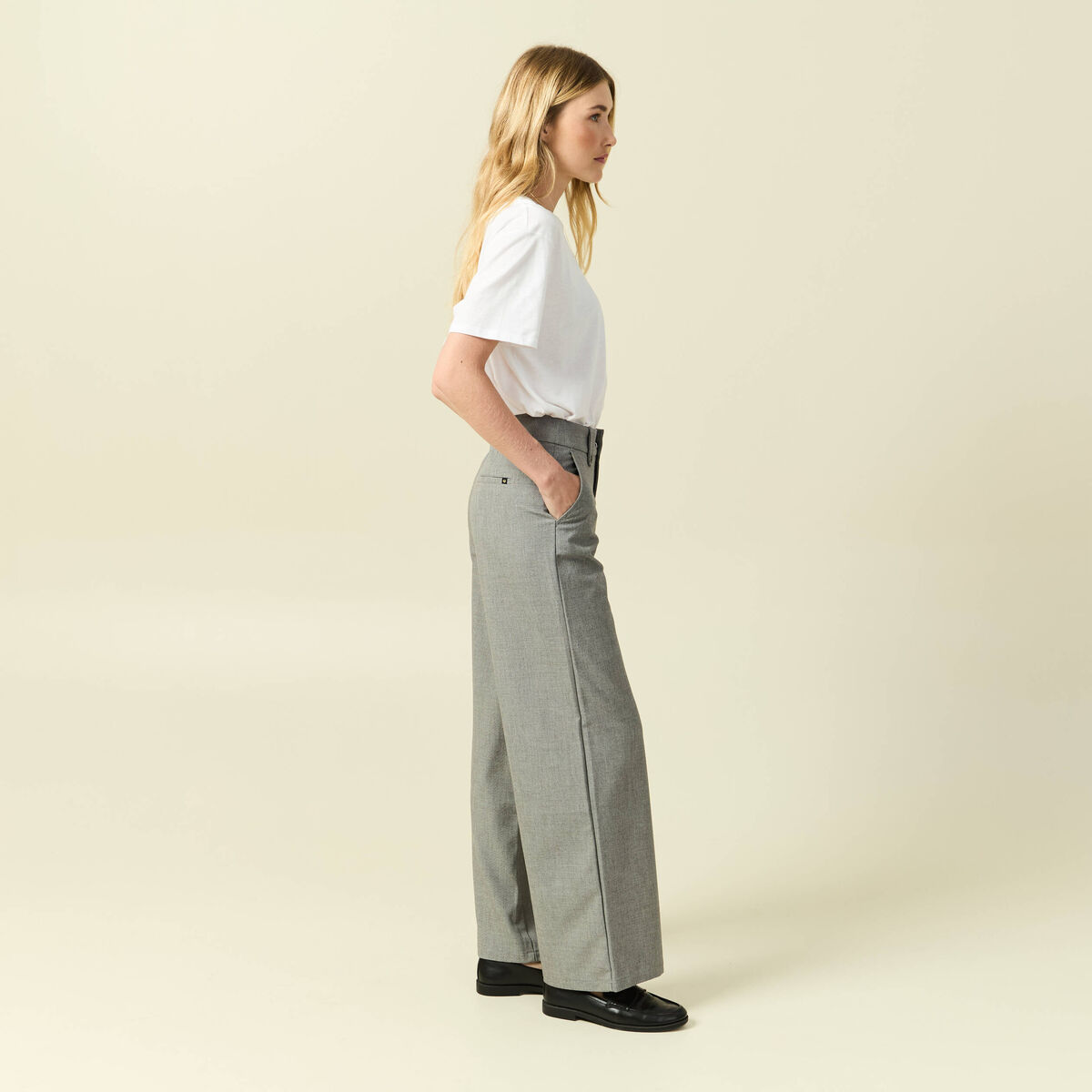 Pantalon large taille haute fluide gris femme