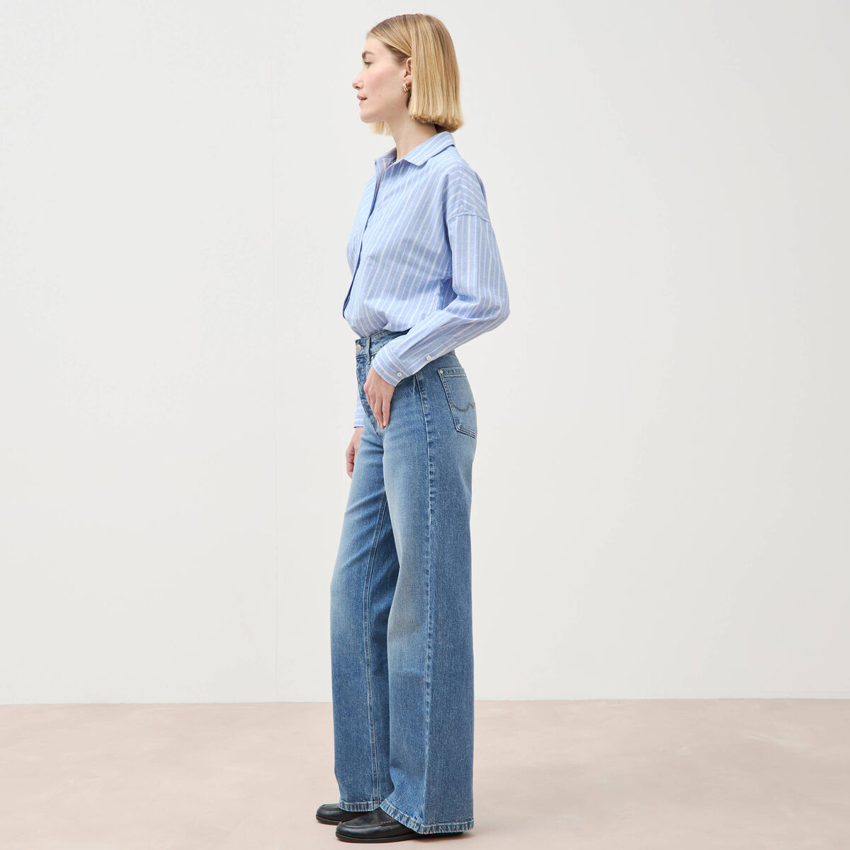 Jeans large taille haute denim stone femme