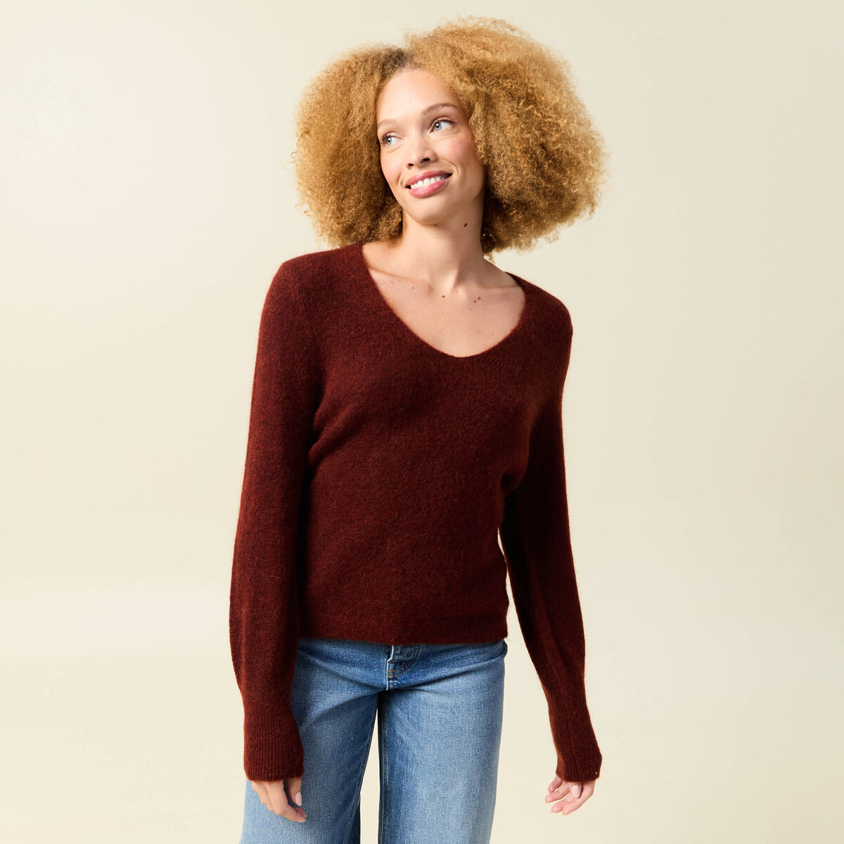 Pull col V manches longues orange fonc&eacute; femme