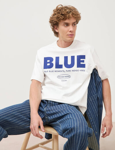 T-shirt print&eacute; en coton manches courtes ecru homme