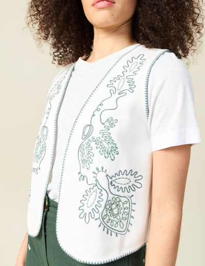 Gilet sans manches brodé ecru femme