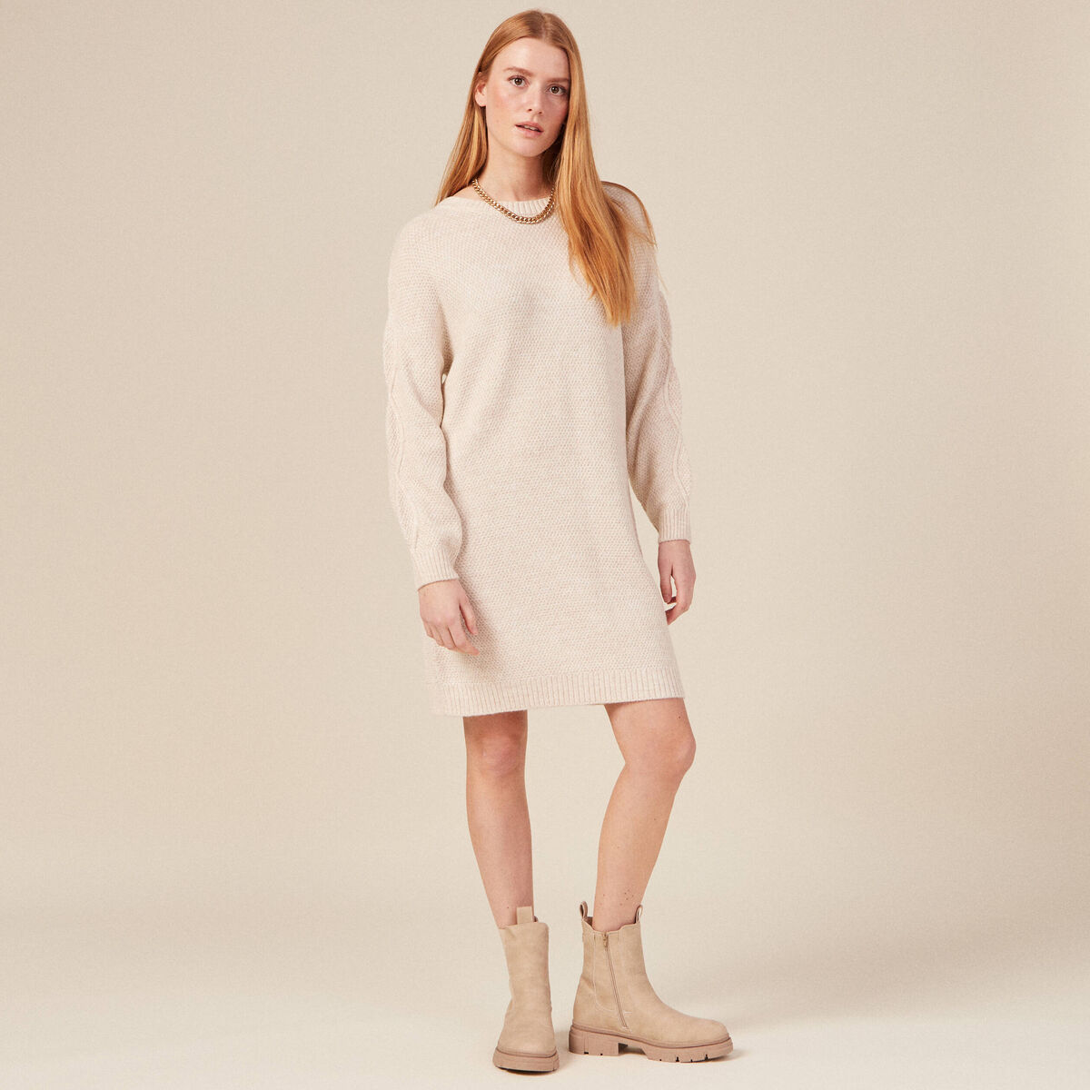 Robe pull droite torsades creme femme