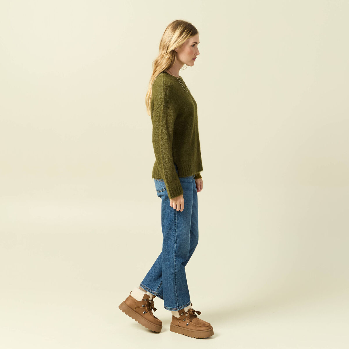 Pull col rond manches longues vert kaki femme