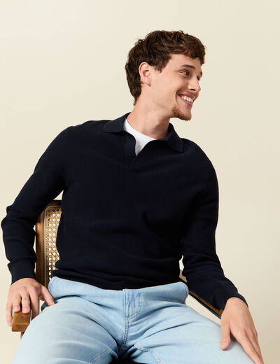 Pull droit col polo manches longues bleu marine homme