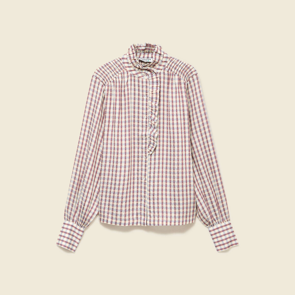 Chemise manches longues col montant marron cognac femme
