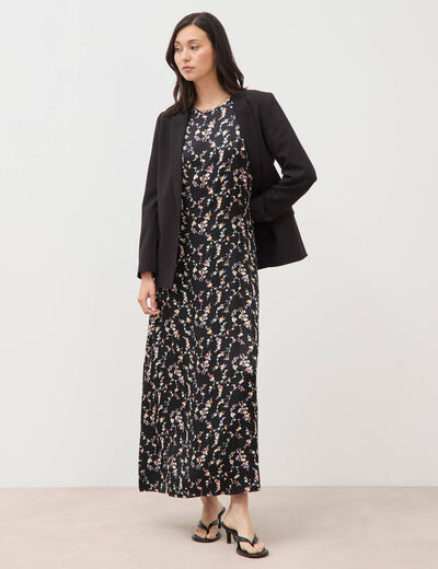Robe longue droite sans manches col v noir femme