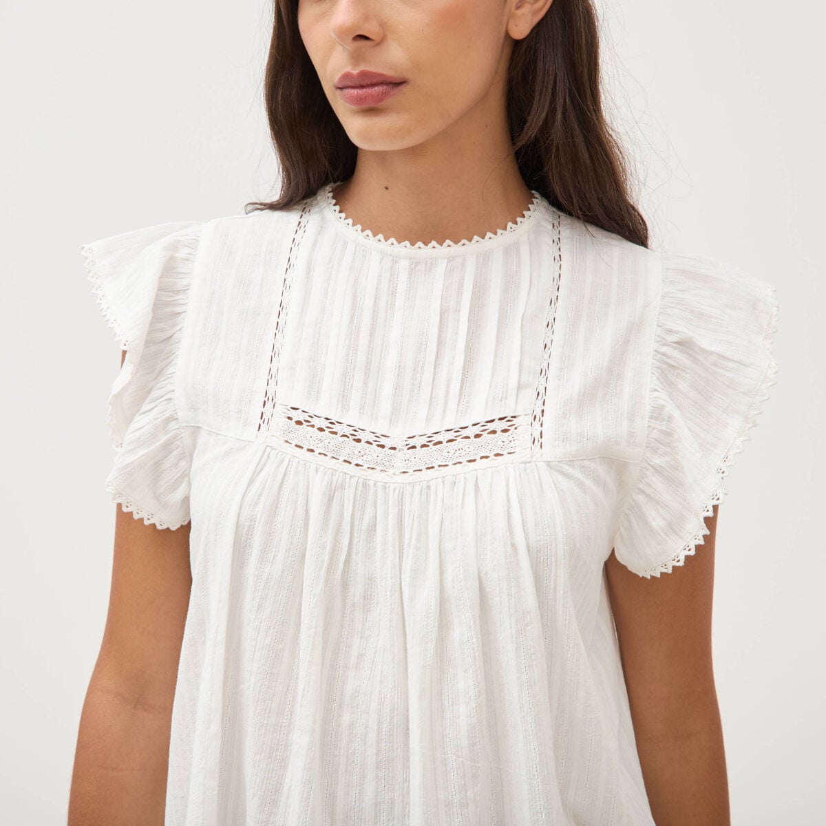 Top col rond manches courtes en coton ecru femme