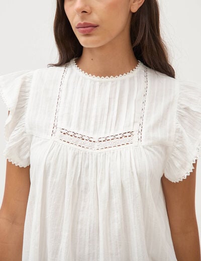 Top col rond manches courtes en coton ecru femme