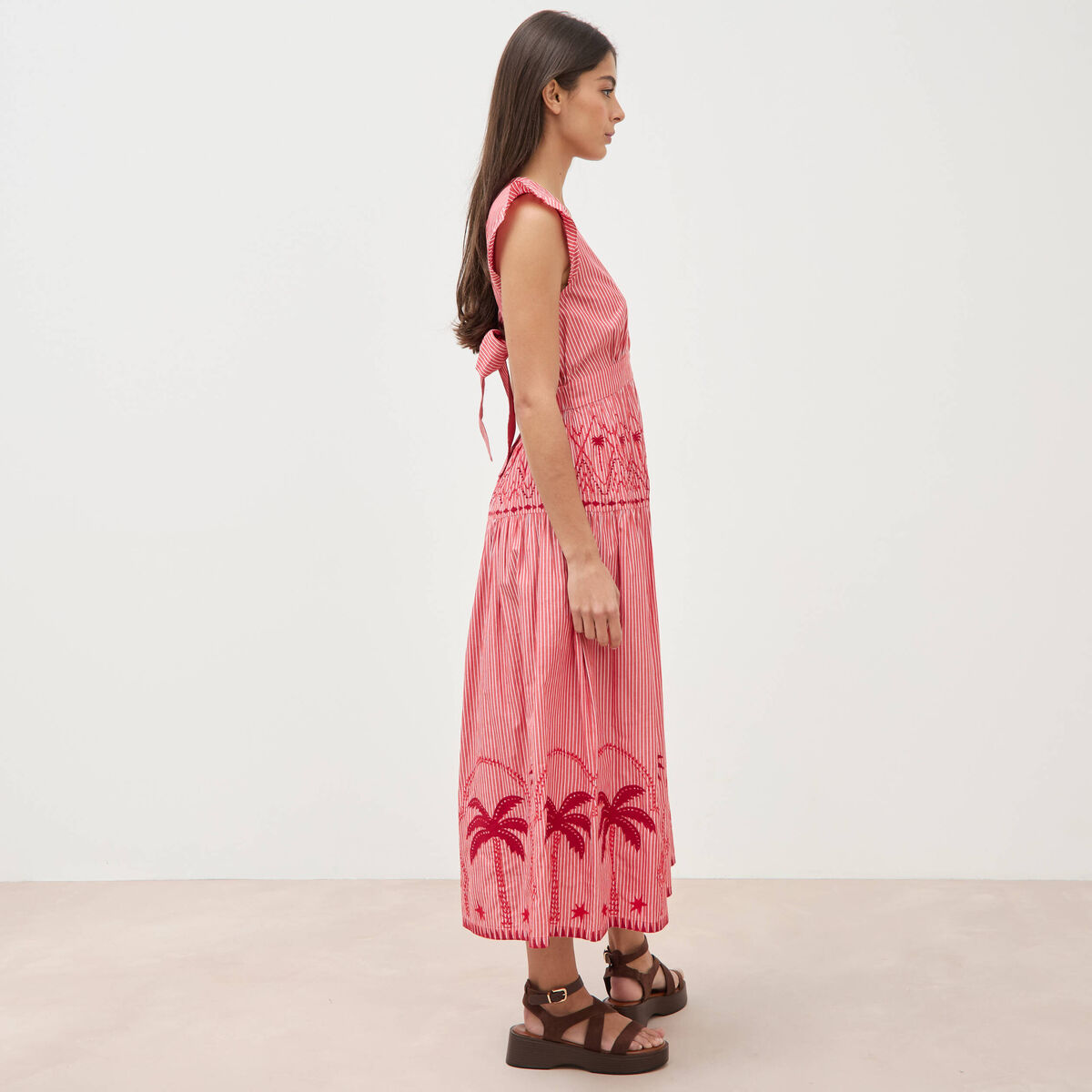 Robe col v manches volantes en coton rouge femme