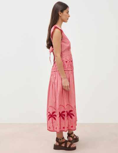 Robe col v manches volantes en coton rouge femme