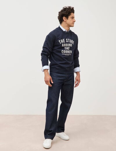 Sweat droit col rond en coton bleu marine homme