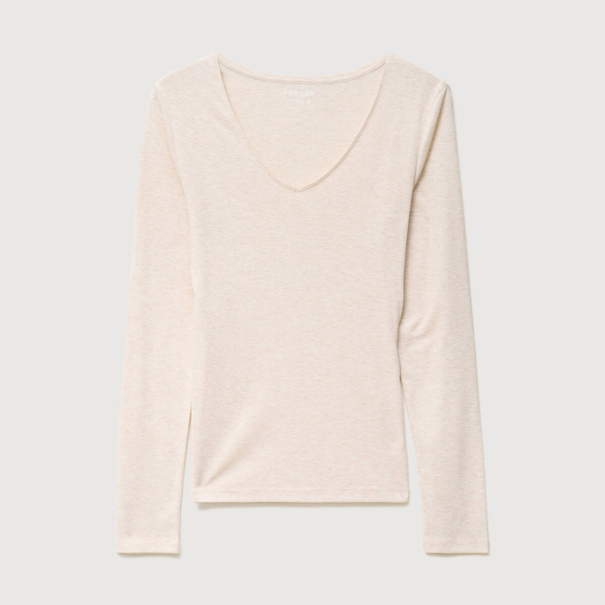 T-shirt cintr&eacute; col v manches longues beige femme