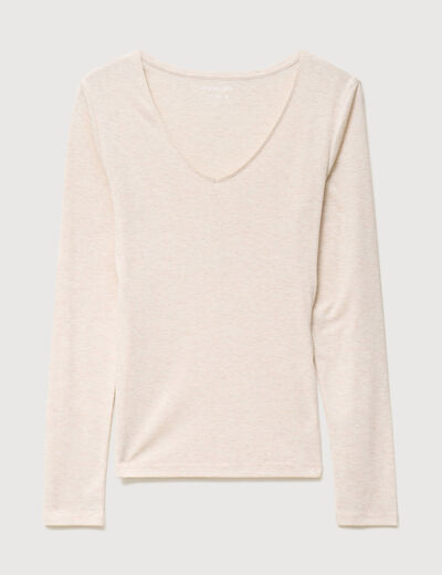 T-shirt cintr&eacute; col v manches longues beige femme