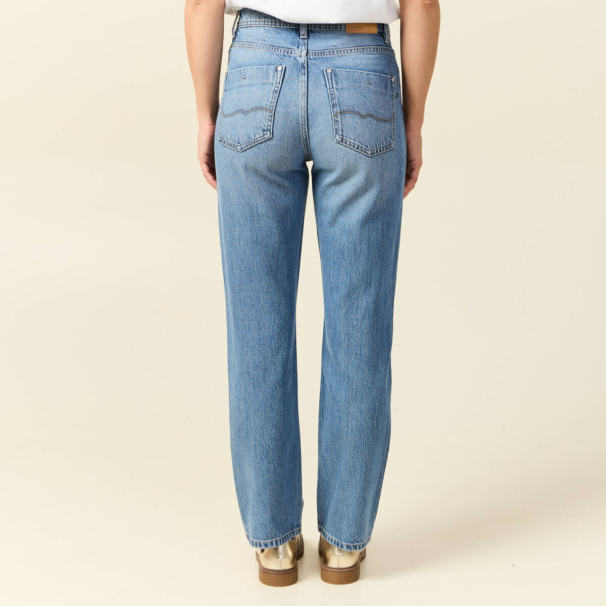 Jeans straight taille haute 7/8&egrave;me bleu femme
