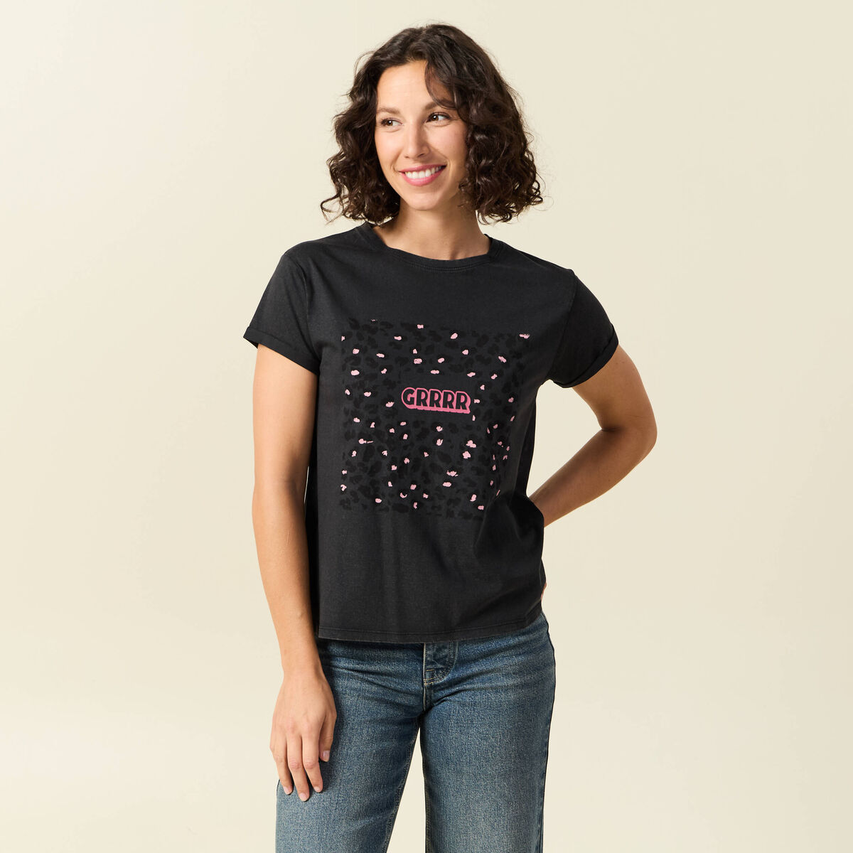 T-shirt en coton manches courtes noir femme