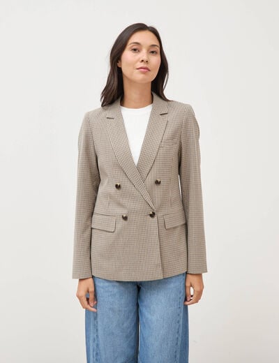 Blazer &agrave; carreaux col tailleur gris femme