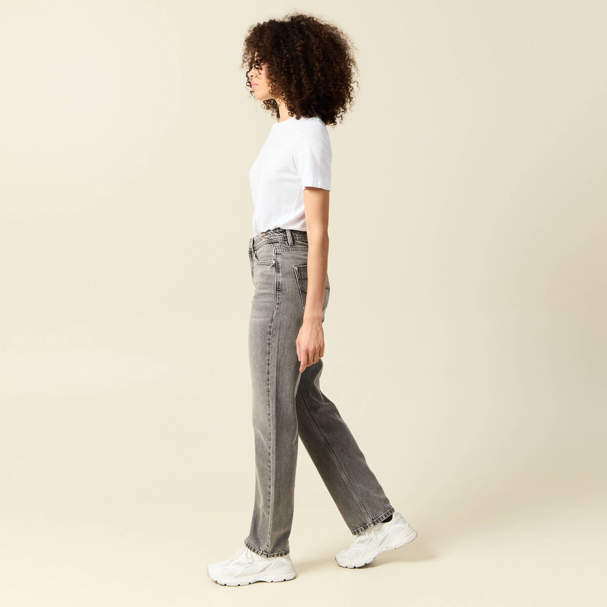 Jeans straight taille haute 7/8&egrave;me denim gris clair femme