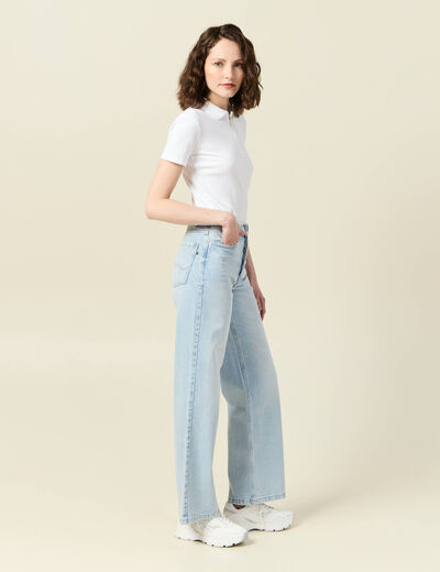 Jeans large taille haute denim bleach femme