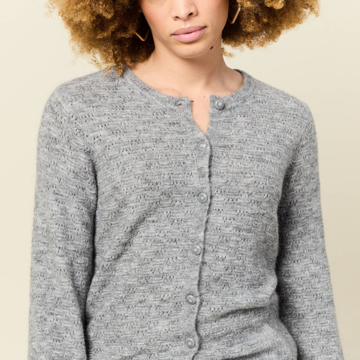 Gilet manches longues ajouré gris clair femme