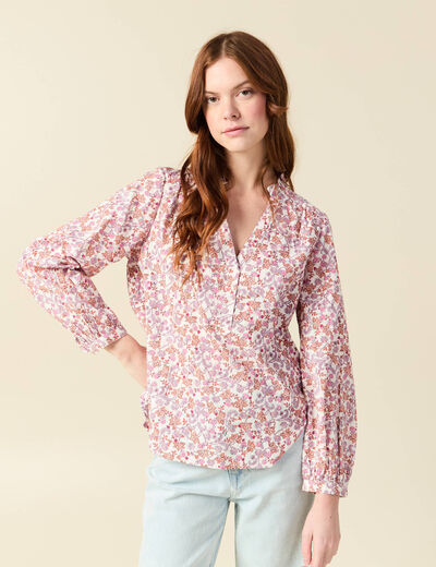 Blouse manches longues en coton orange corail femme