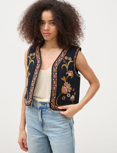 Gilet droit court sans manches doubl&eacute; noir femme