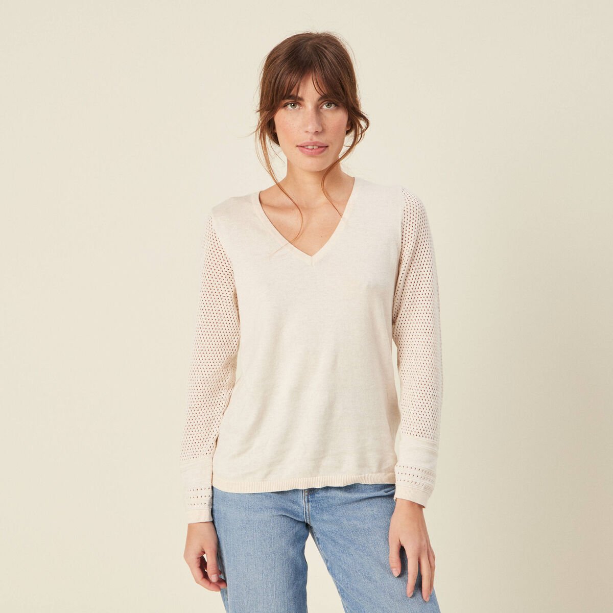 Pull à manches longues creme femme