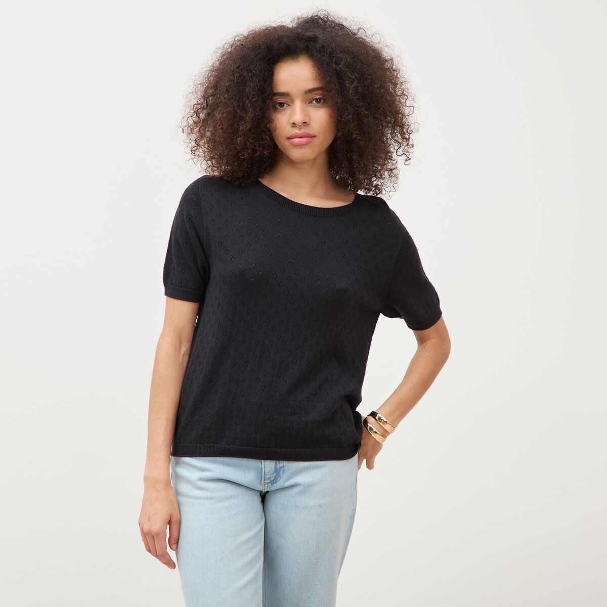 Pull col rond manches courtes noir femme