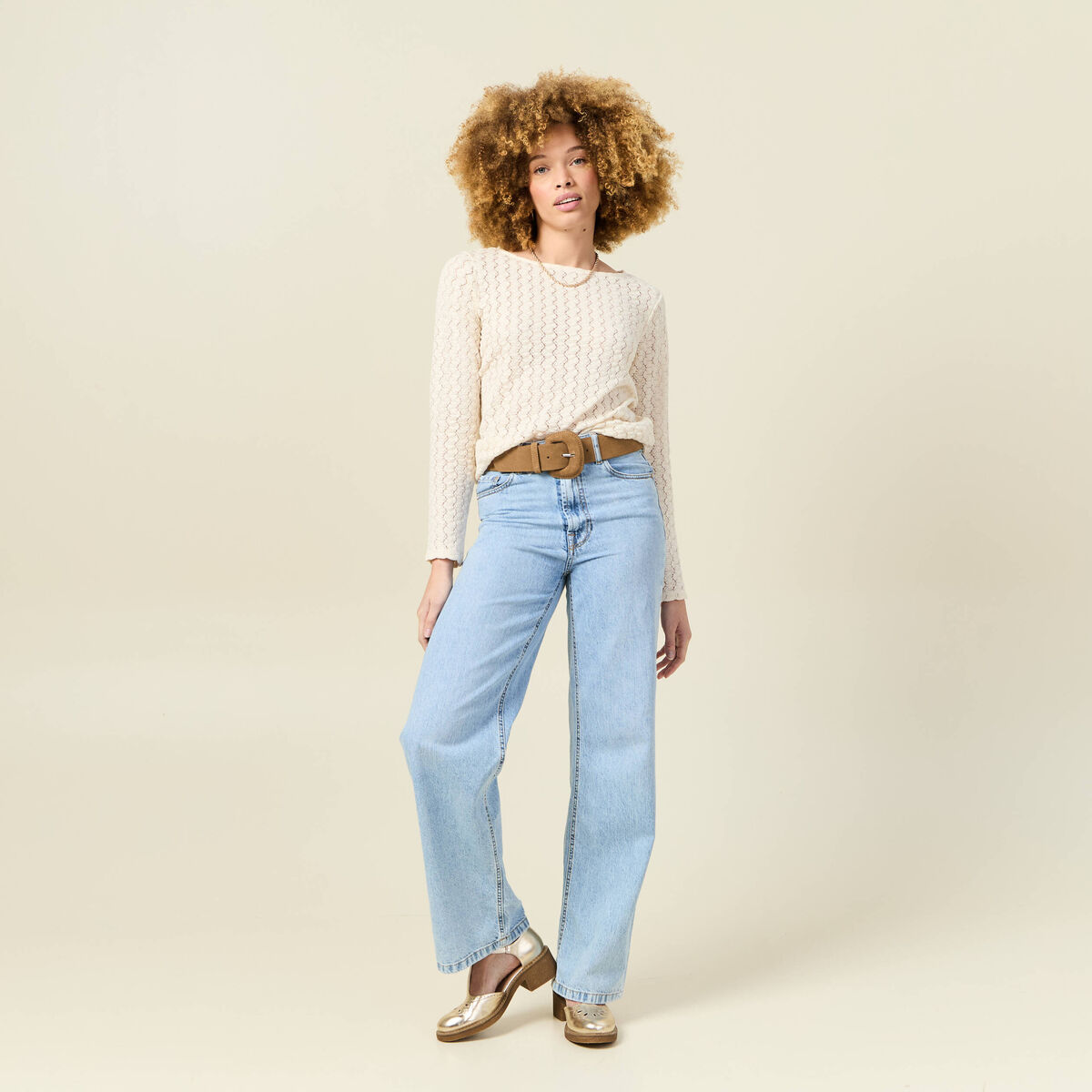 T-shirt manches longues ajouré ecru femme