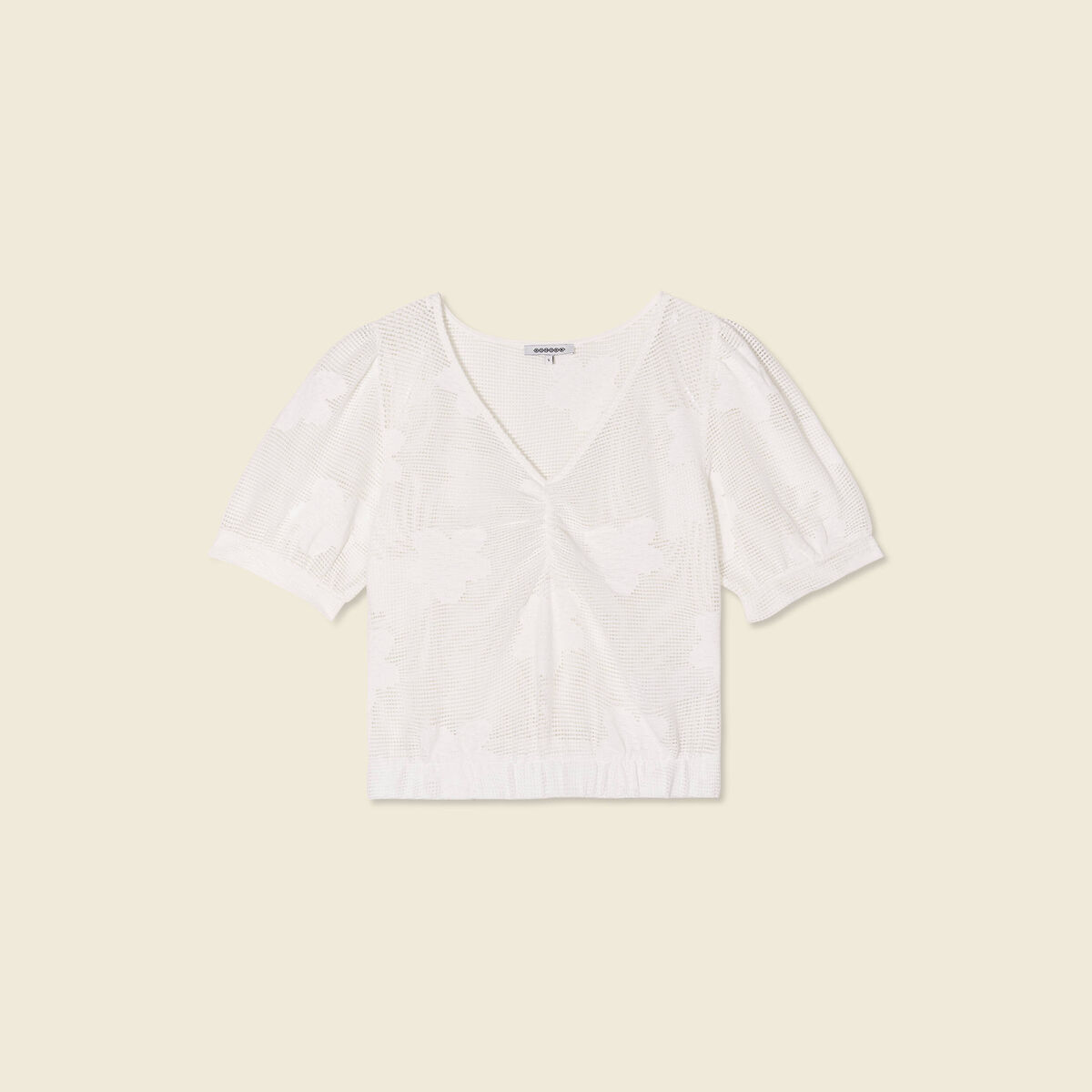 T-shirt manches courtes ajouré creme femme
