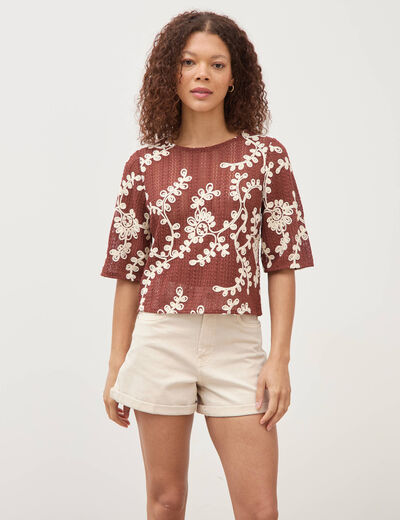 T-shirt brod&eacute; col rond manches 3/4 marron cognac femme
