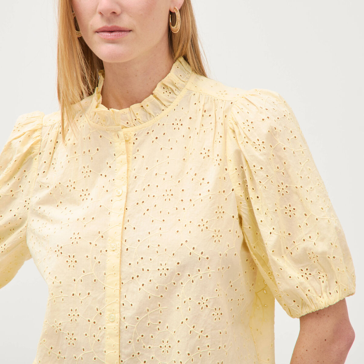 Chemise en coton manches coude jaune clair femme