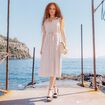 Robe longue évasée ceinturée blanc femme