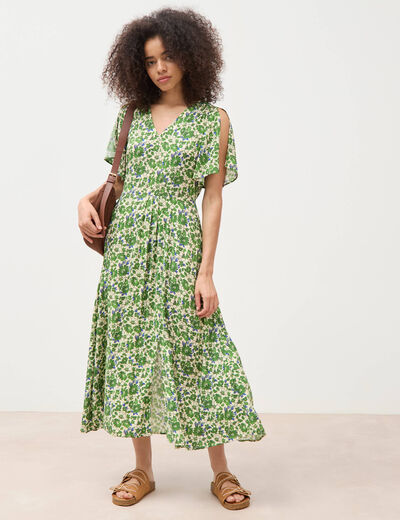 Robe fluide col v manches courtes vert femme