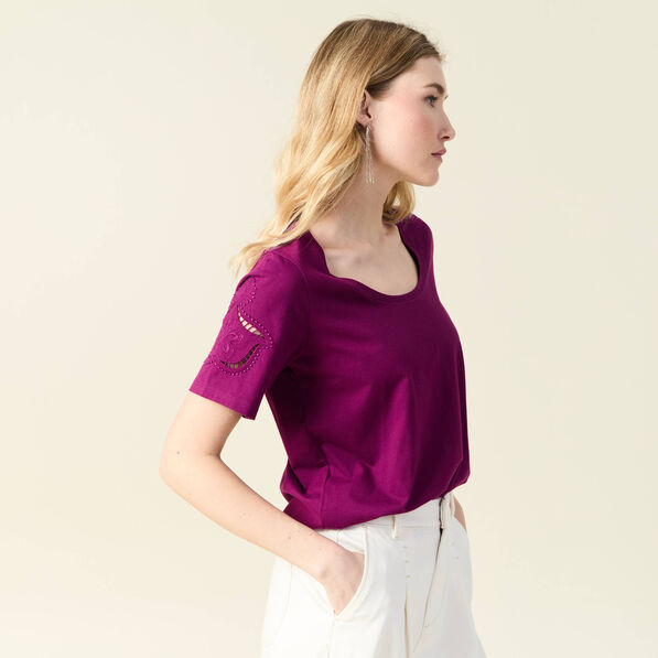 T-shirt manches courtes brodé violet femme