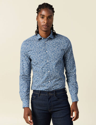Chemise cintr&eacute;e en coton manches longues bleu marine homme