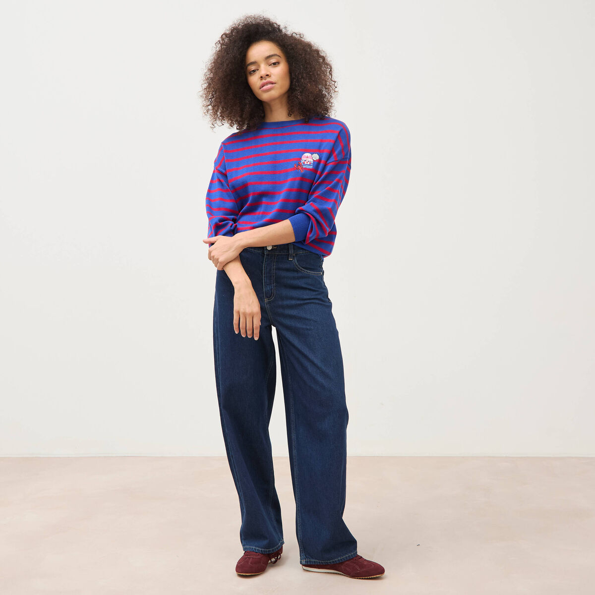 Pull manches longues col rond bleu roi femme