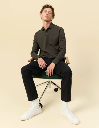 Polo cintr&eacute; manches longues vert kaki homme