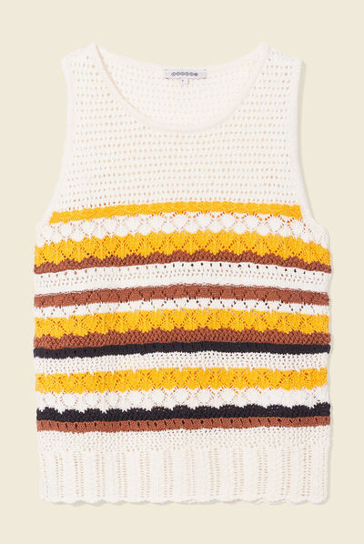 Pull sans manches crochet creme femme