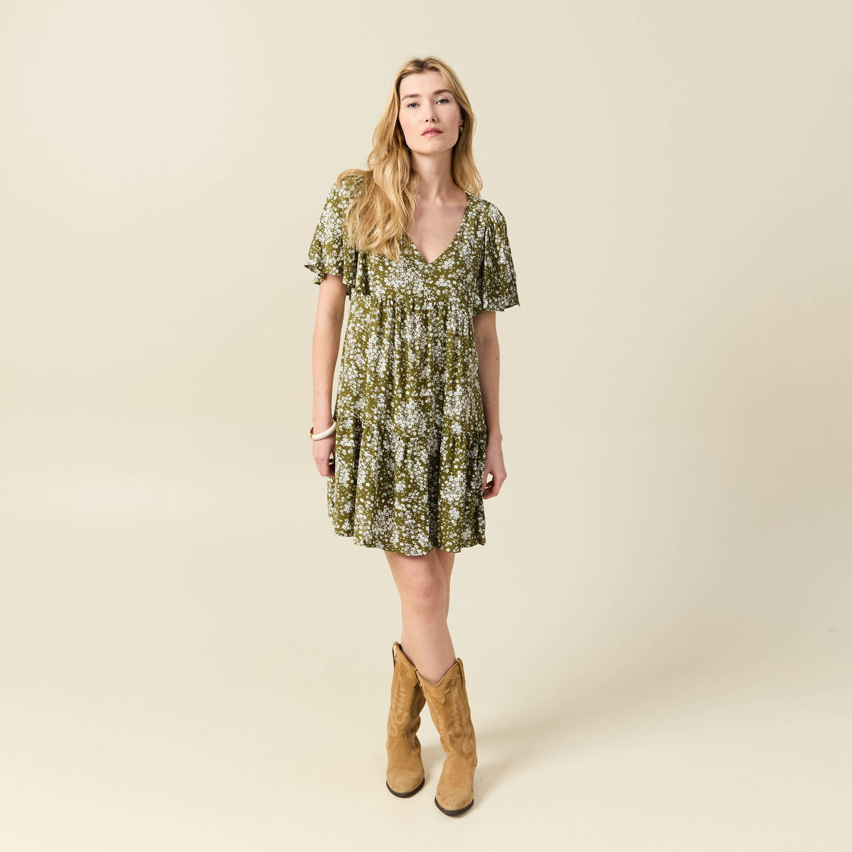 Robe évasée manches courtes vert olive femme