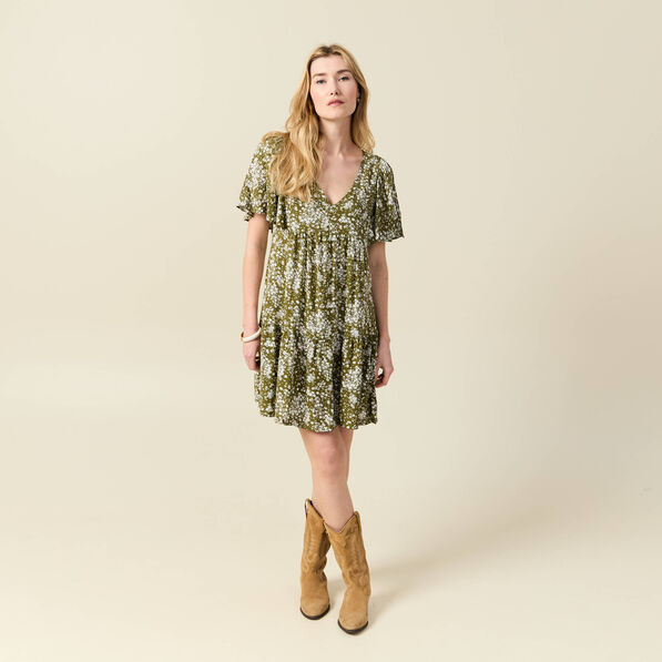 Robe évasée manches courtes vert olive femme